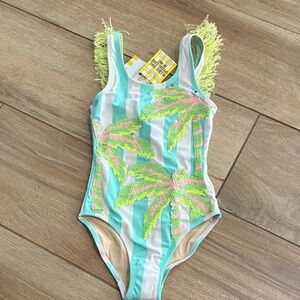 NWT Shade Critters Tropical Palm Kids One Piece Swimsuit flip sequin